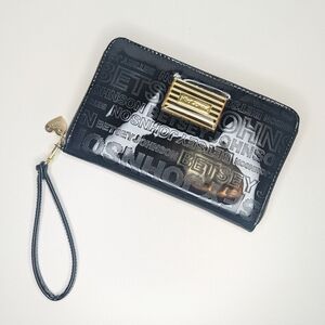 Betsey Johnson Black Patent Wristlet Wallet Clutch Quilted Embossed Logo